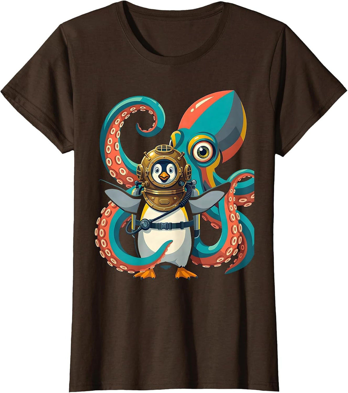 Women's Penguin Deep Sea Diver vs Giant Squid T-Shirt - Brown