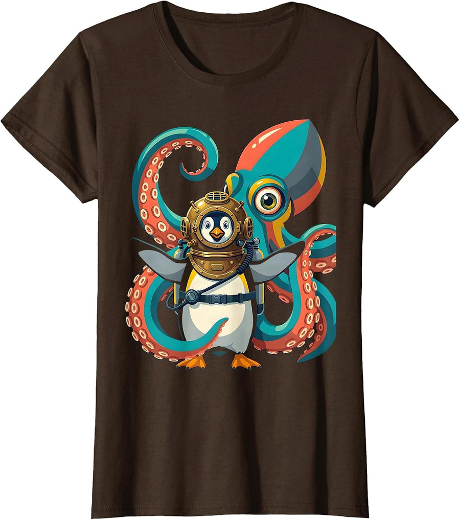 Women's Penguin Deep Sea Diver vs Giant Squid T-Shirt - Brown