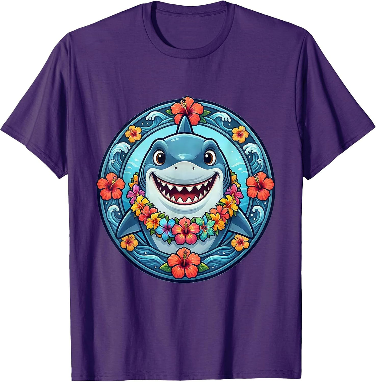 Men's Kids Hawaiian Shark with Flower Lei Illustration T-Shirt - Purple