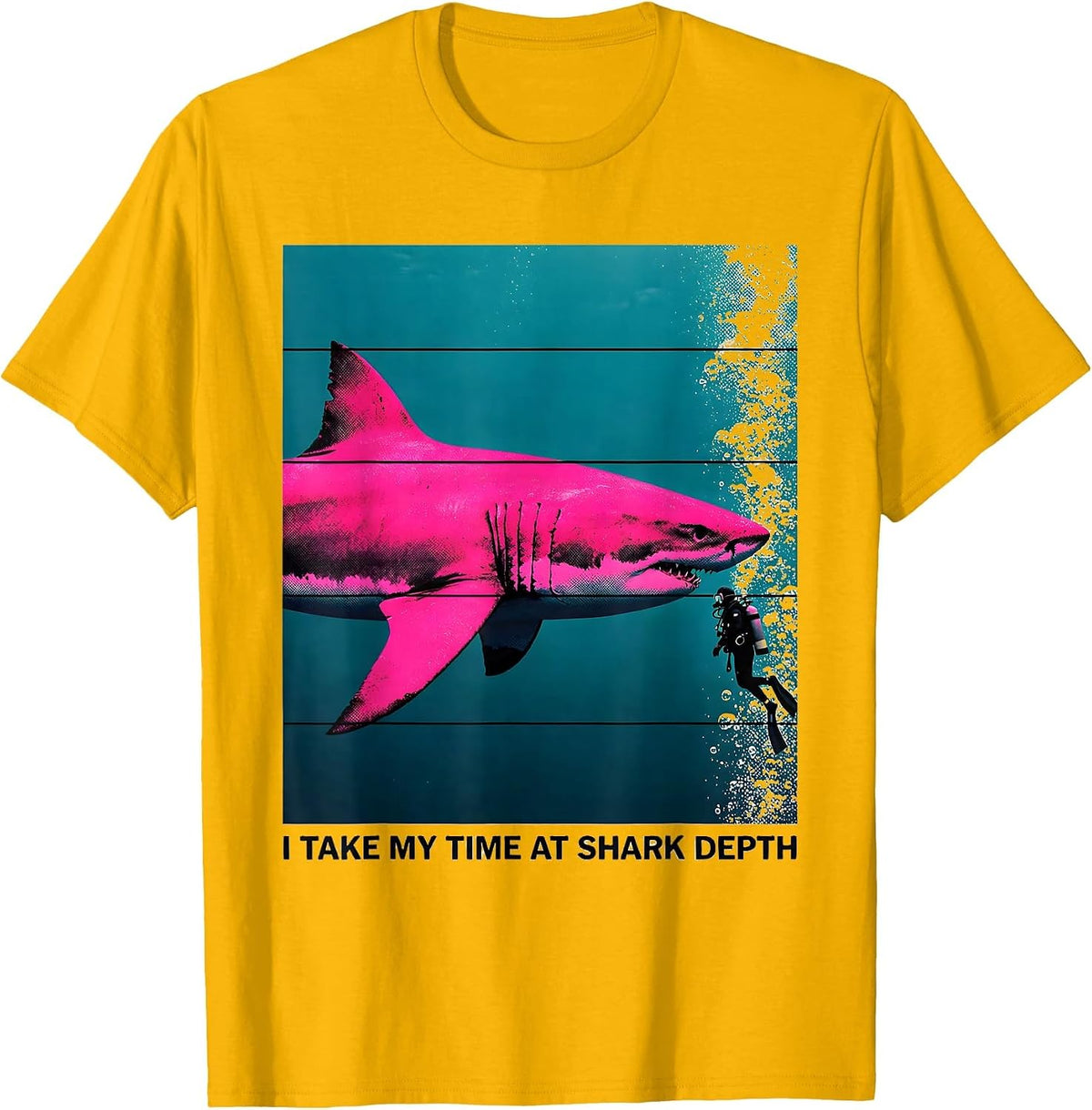 I Take My Time At Shark Depth Risograph Scuba Diver Gift T-Shirt - Golden Yellow