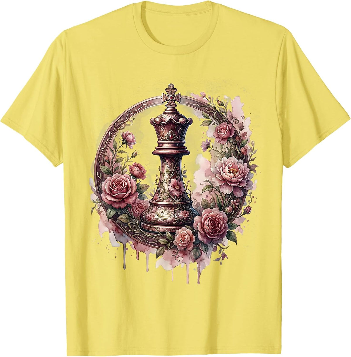 Men's Queen Chess Piece Ornate Floral Illustration T-Shirt - Lemon Yellow