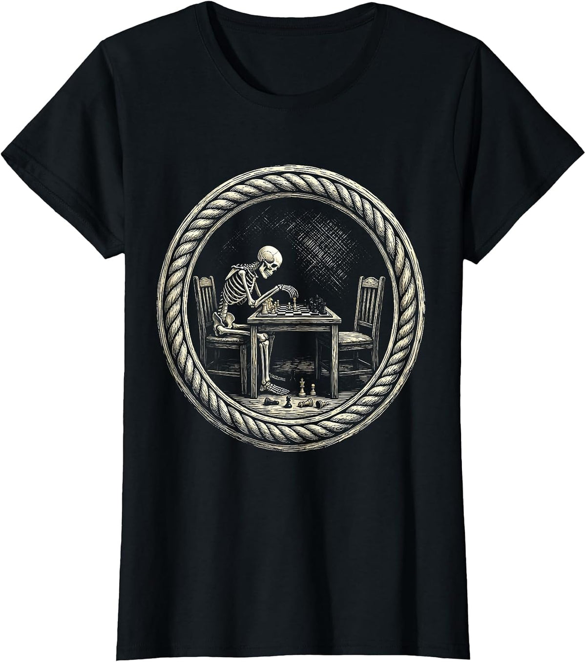 Skeleton Chess Player Waiting Opponent Funny Art T-Shirt - Black