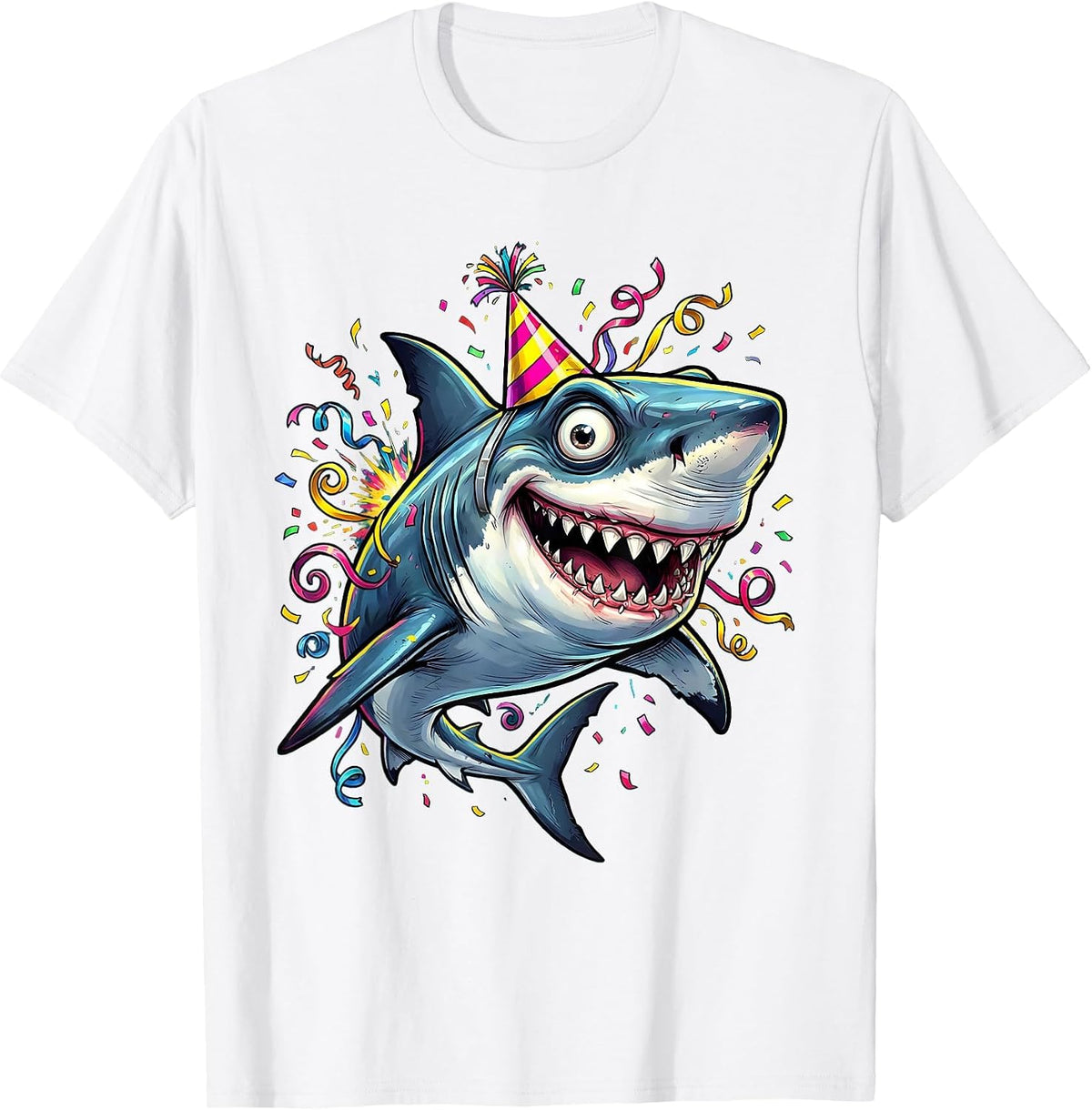Men's Shark Birthday Hat Swimming Streamers Celebration T-Shirt - White