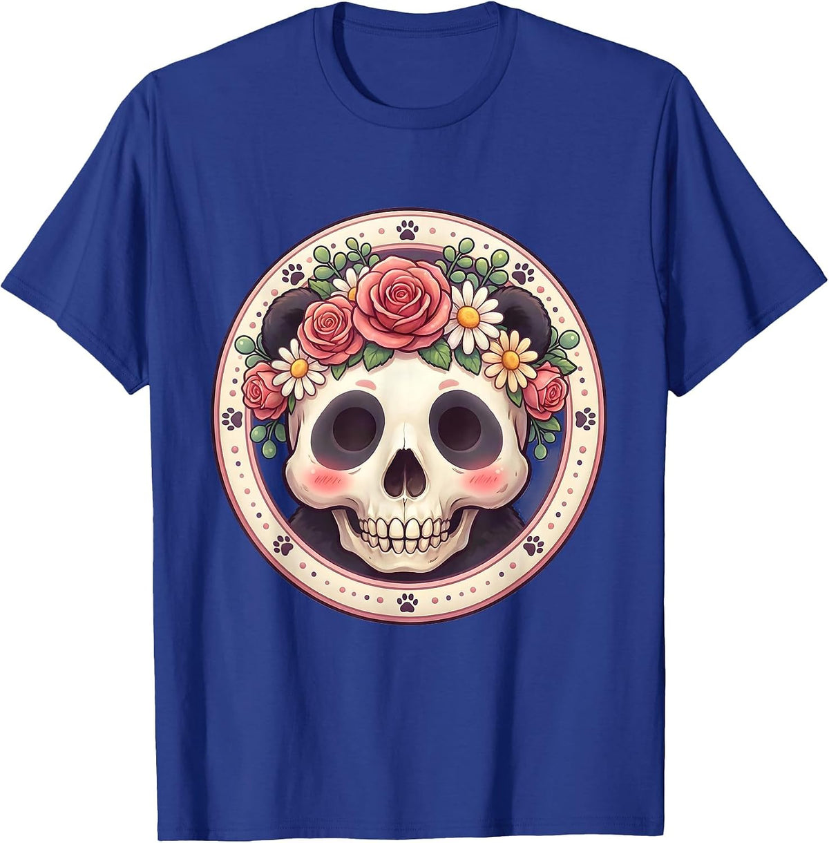 Men's Panda Skull Floral Crown Dark Art Design T-Shirt - Royal Blue