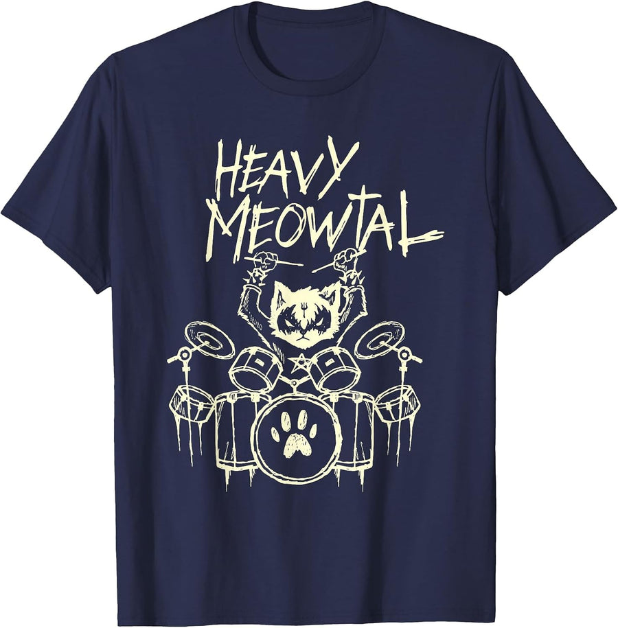 Heavy Metal Cat Drum Kit Cat Drummer Headbanger T-Shirt - Navy Blue