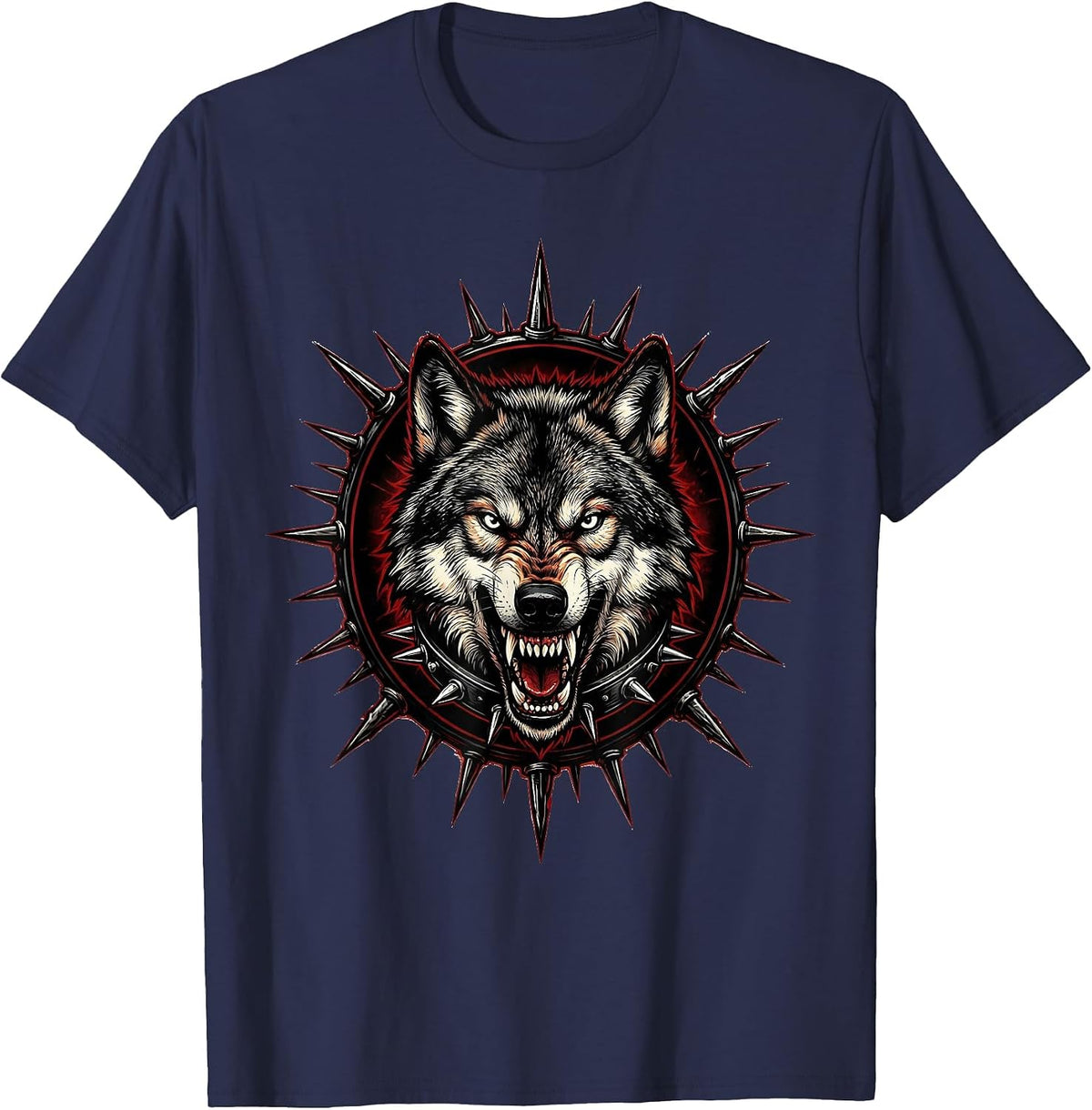 Snarling Wolf Spiked Collar Punk Band Graphic T-Shirt - Navy Blue