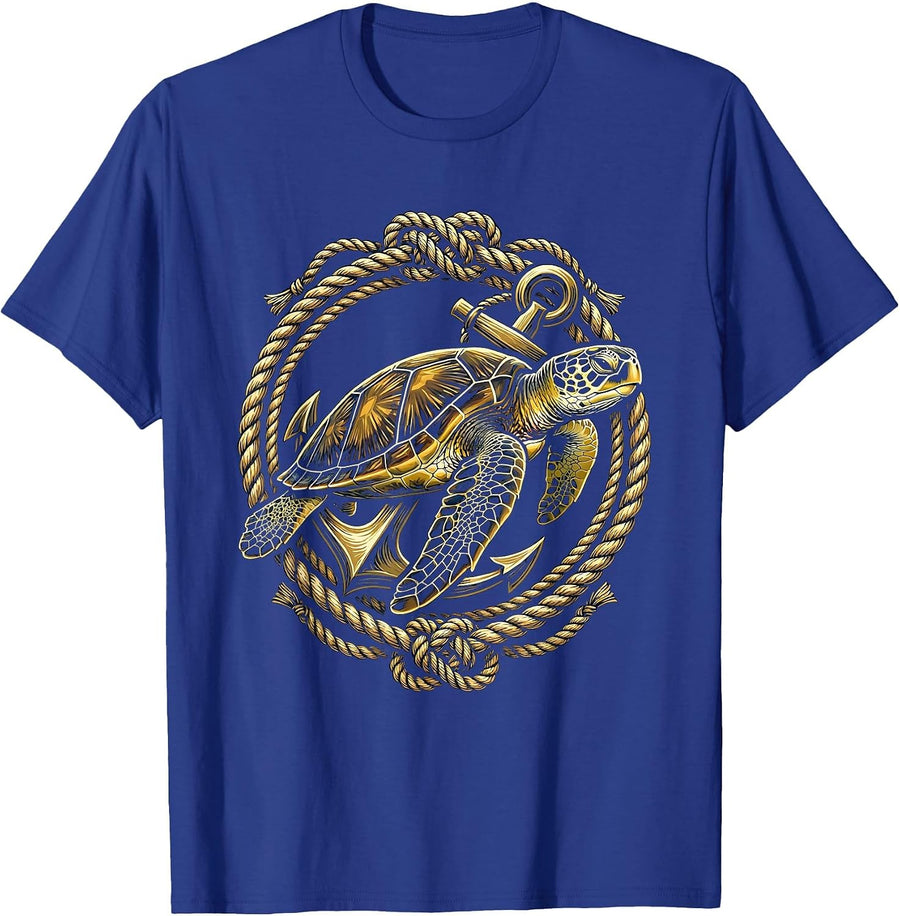 Sea Turtle and Drifting Anchor Ocean Art T-Shirt - Royal Blue