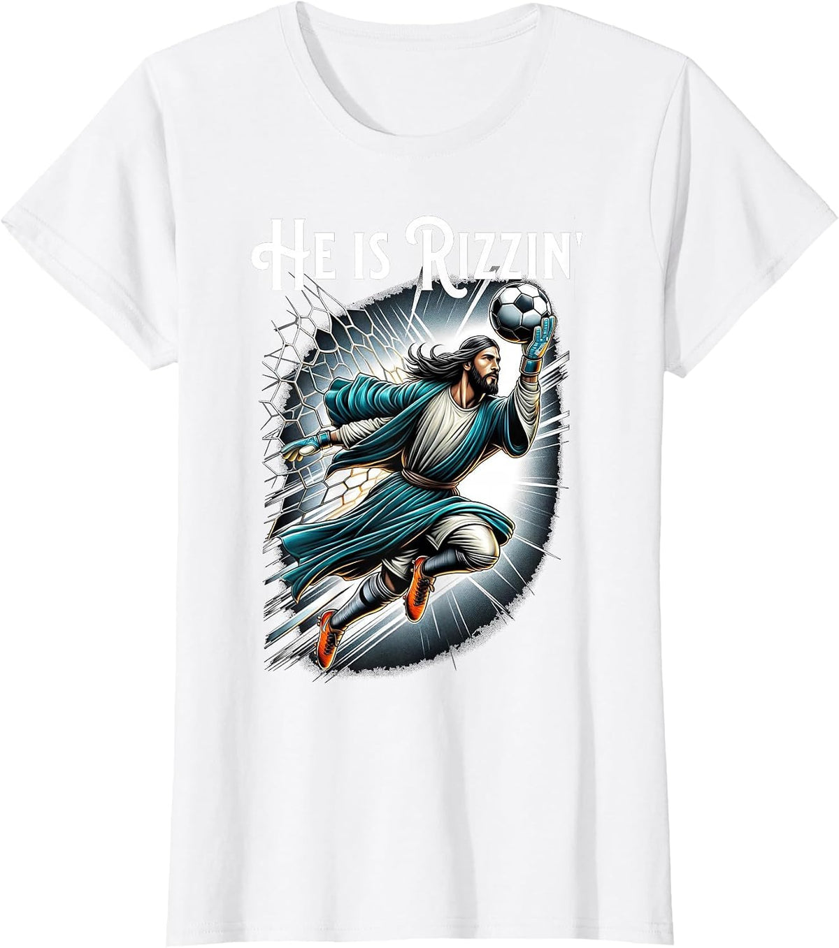 Rizzen Funny Sports Rizz He is Rizzin Jesus Playing Soccer T-Shirt - White