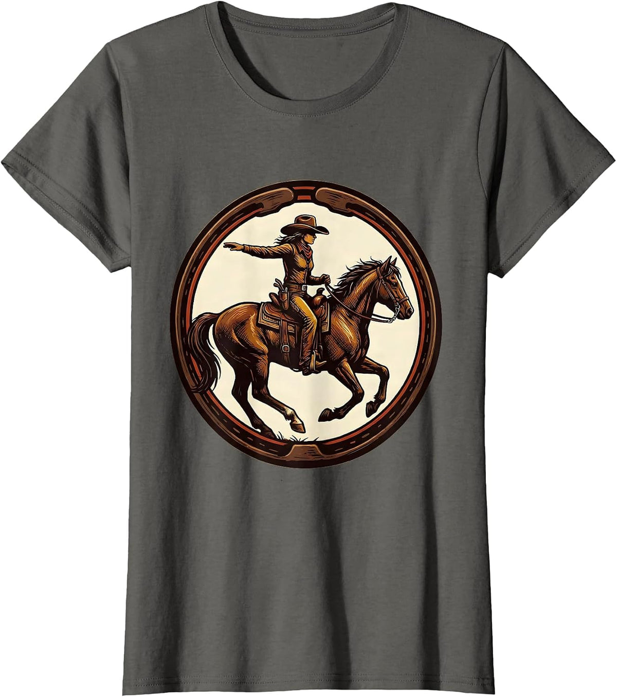Women's Cowgirl Shooing Badge Western Rodeo Pride T-Shirt - Asphalt Grey