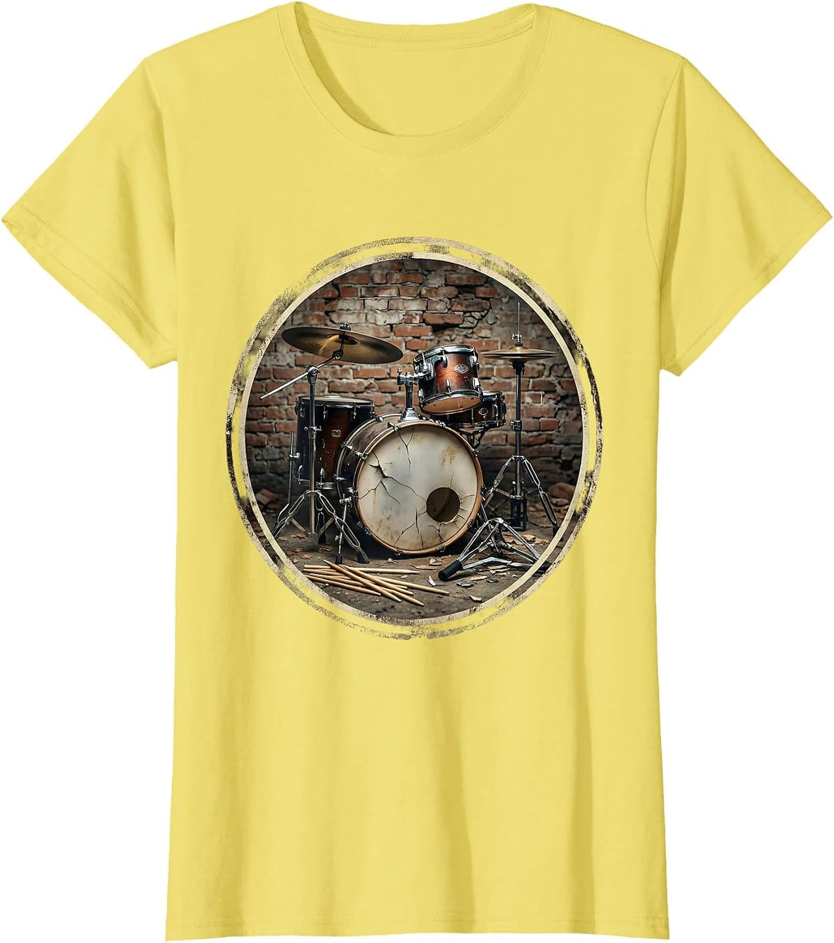 Grunge Drum Kit Dark Alley Illustration T-Shirt - Lemon Yellow