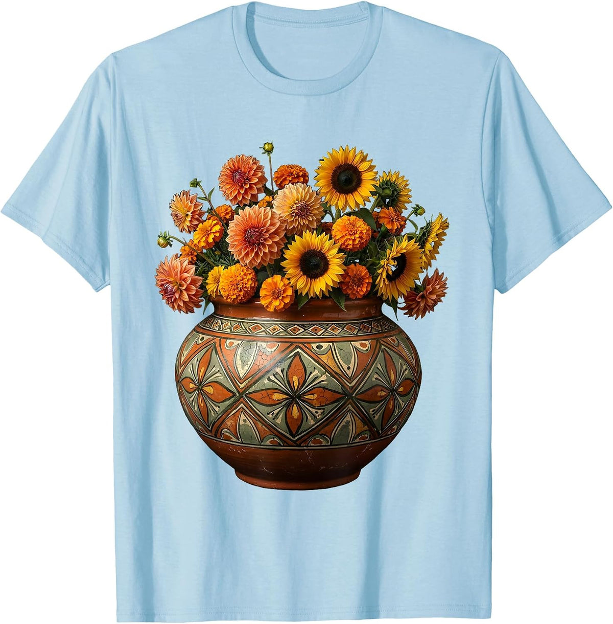 Mexican Hand-Painted Pottery Bowl with Flowers T-Shirt - Baby Blue
