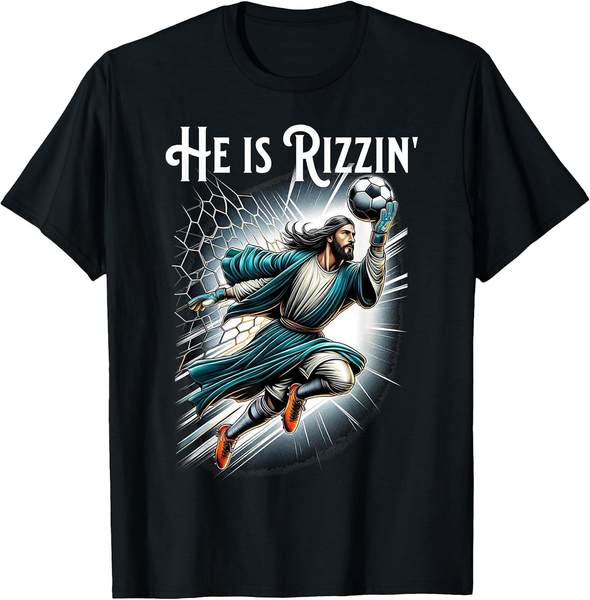 Rizzen Funny Sports Rizz He is Rizzin Jesus Playing Soccer T-Shirt - Black