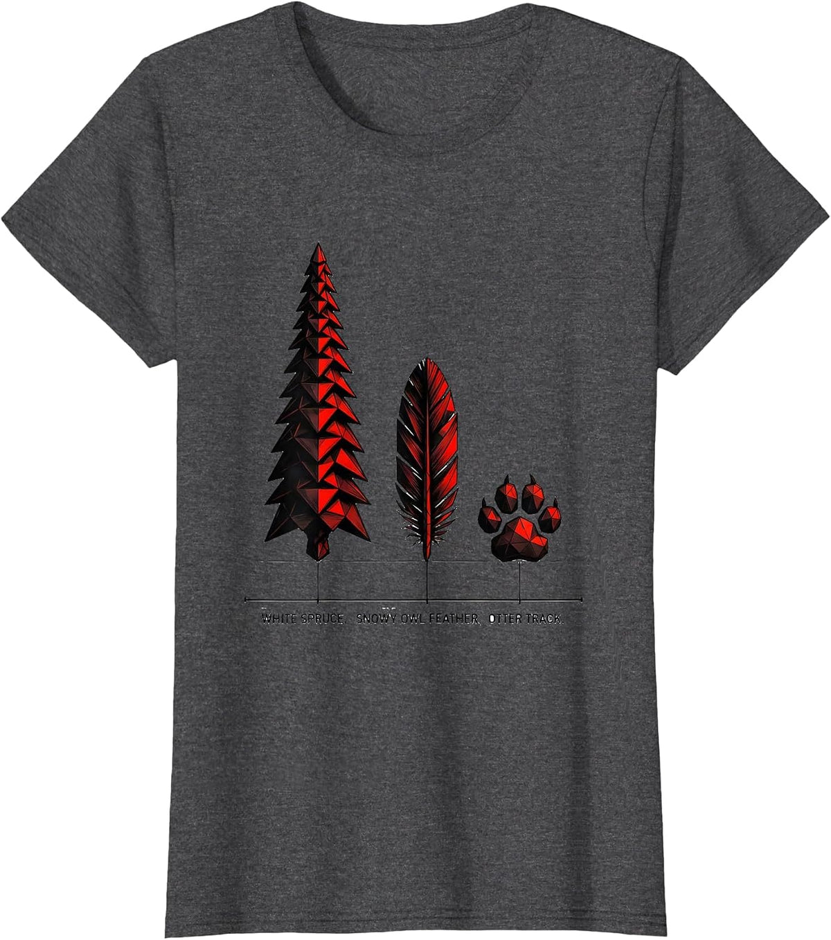 Women's White Spruce Snowy Owl Feather Otter Track Vintage Forest T-Shirt - Dark Heather Grey
