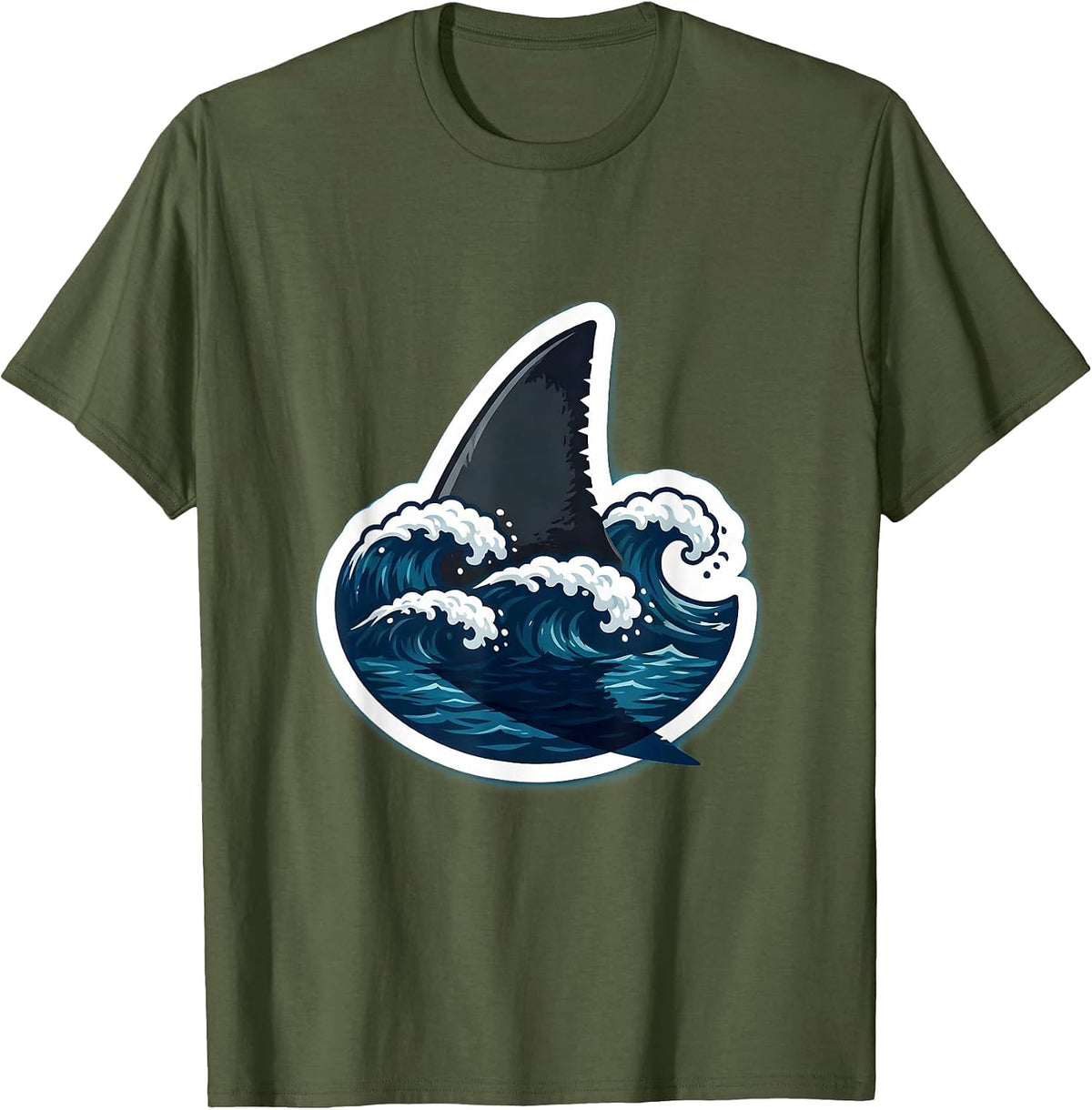 Men's Shark Fin Ocean Waves Boys Animal Print T-Shirt - Olive Green