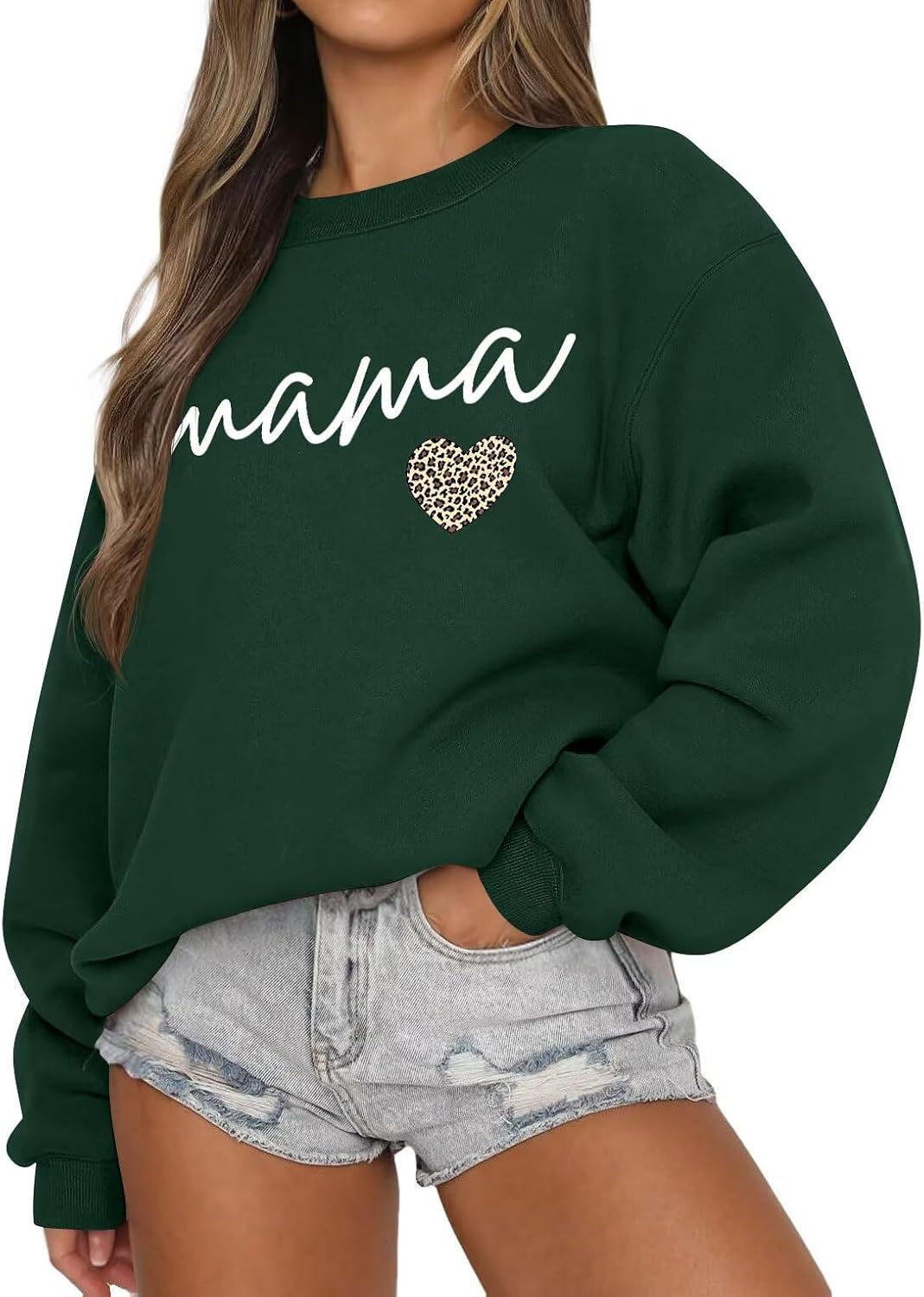 LEEDYA Women Long Sleeve Mama Sweatshirts Crewneck Casual Knit Mom Sweater - Dark Green