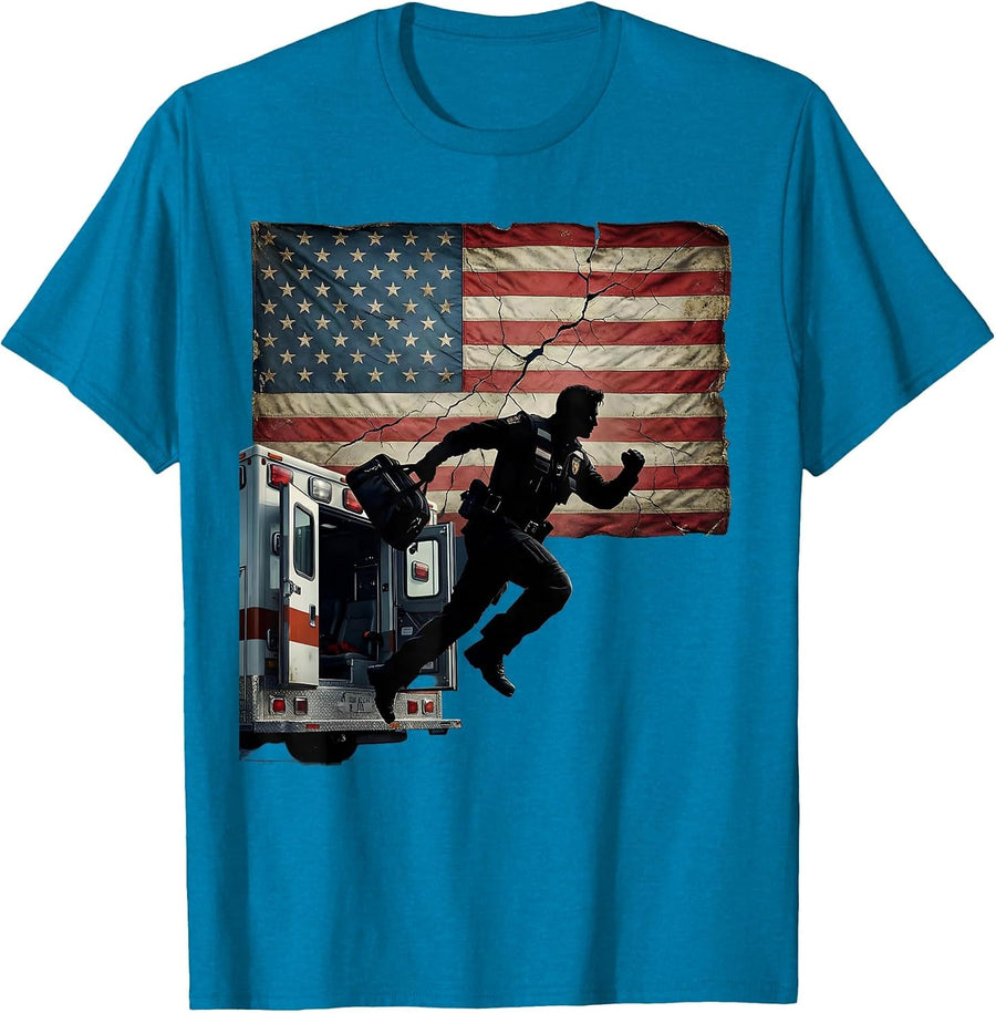 EMT Paramedic Leaping From Ambulance Graphic T-Shirt - Sapphire Blue