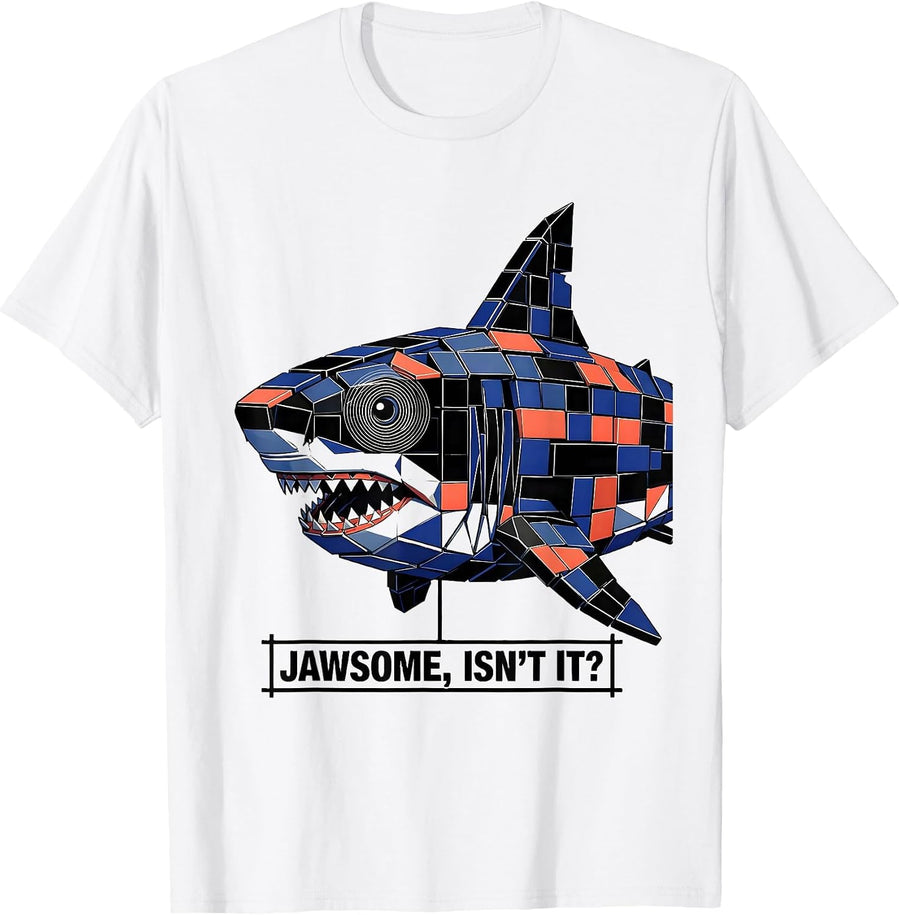 Men's Jawsome Isn't It Geometric Shark Lover Ocean Humor T-Shirt - White