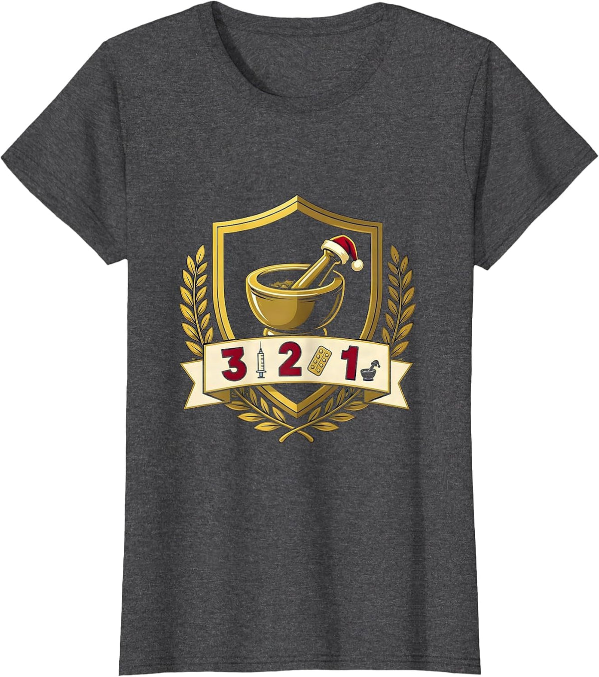 Women's 3 Flu Shots, 2 Unit-Dose Trays, 1 Santa Hat Mortar Pharmacy T-Shirt - Dark Heather Grey
