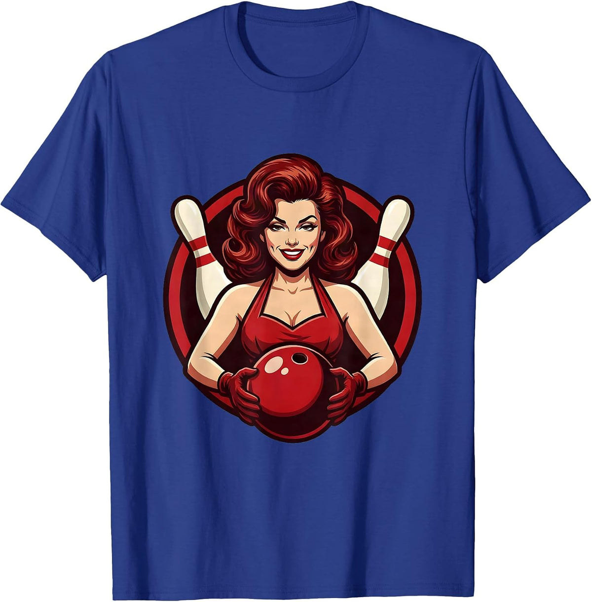 Men's Retro Pin-Up Bowling Illustration Design T-Shirt - Royal Blue