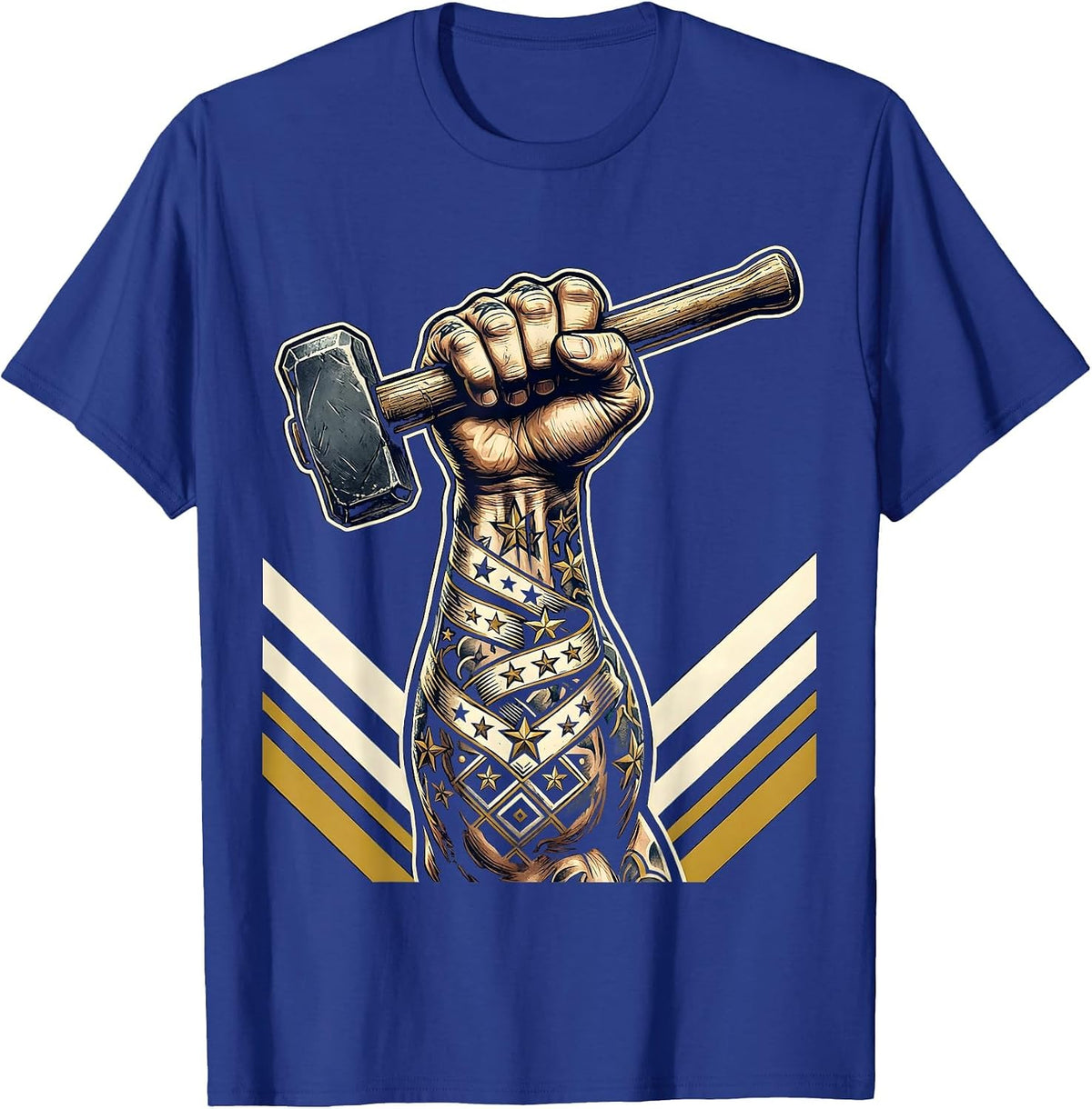 Blue Collar Strength Muscular Arm Hammer Tattoo T-Shirt - Royal Blue