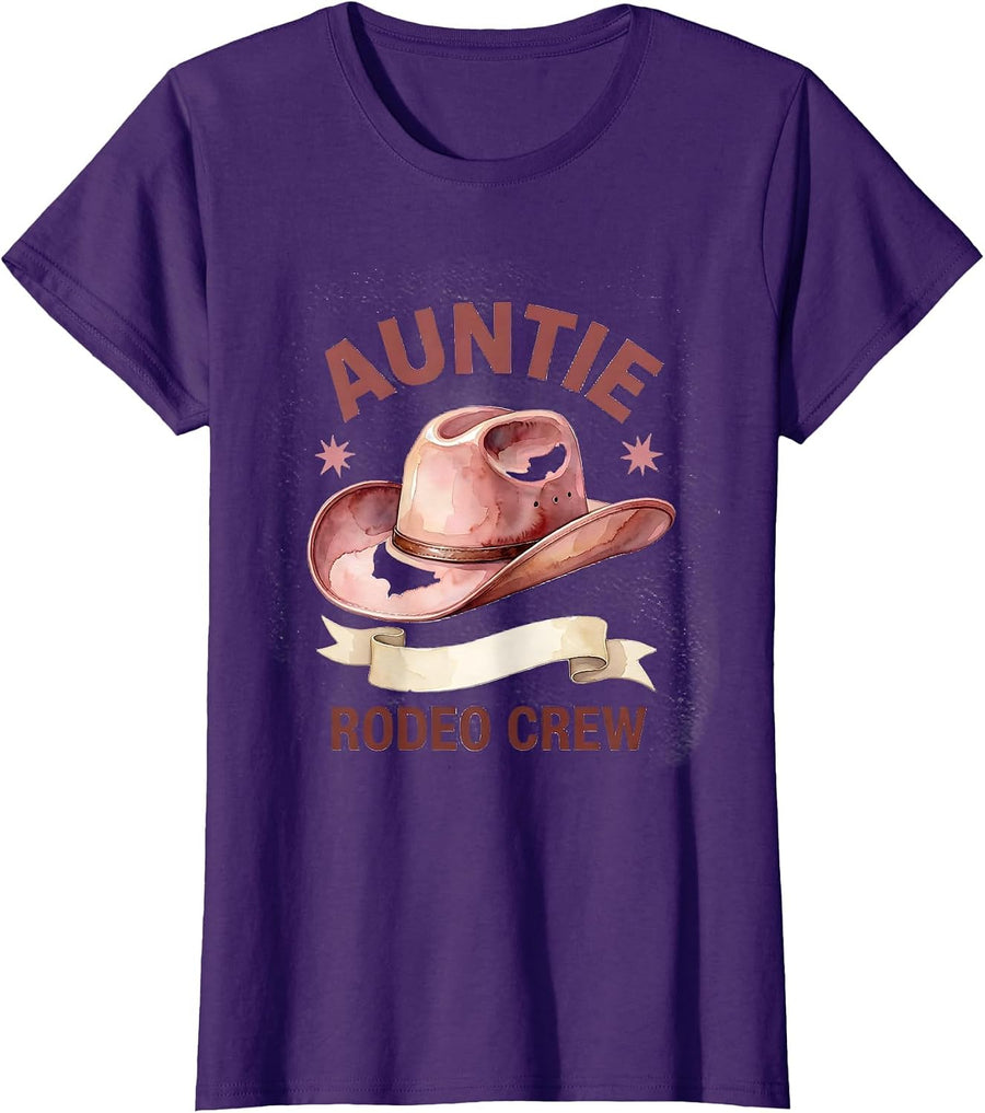 Women's Auntie Rodeo Crew Watercolor Pink Cowgirl Hat Birthday Party T-Shirt - Purple
