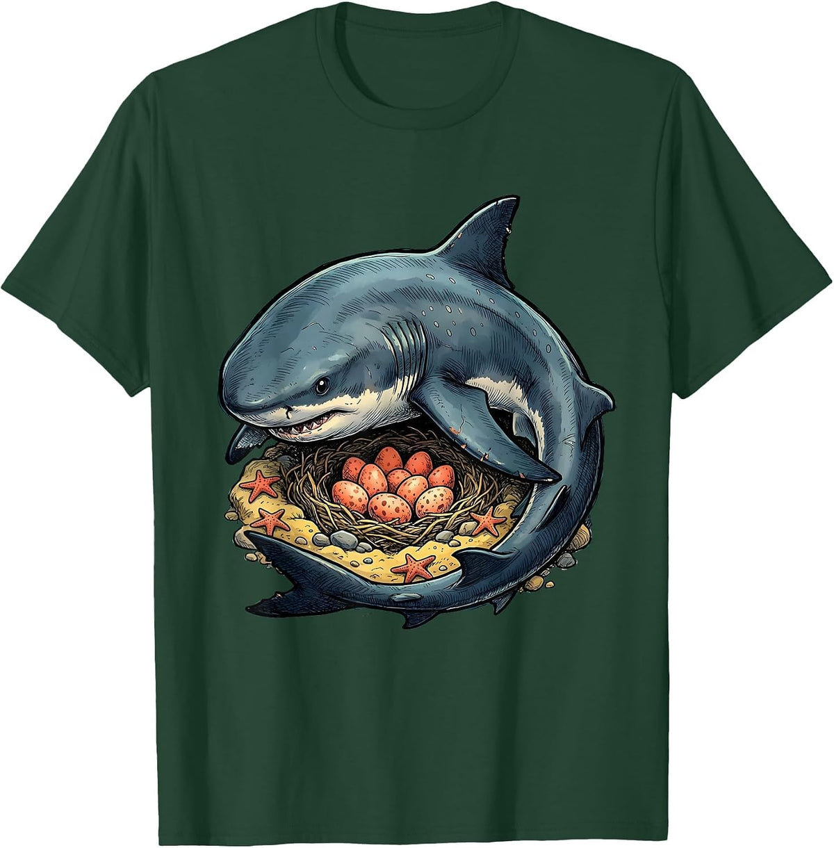 Mama Shark Protecting Eggs in Nest Illustration T-Shirt - Dark Green