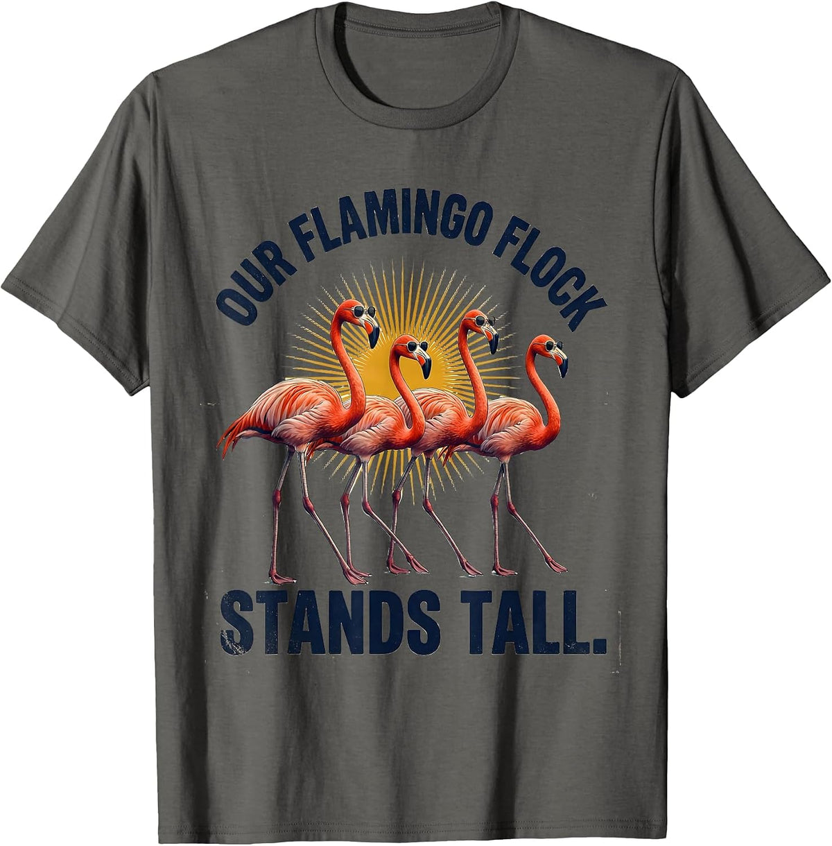 Our Flamingo Flock Stands Tall Vintage Flamingo Matching T-Shirt - Asphalt Grey