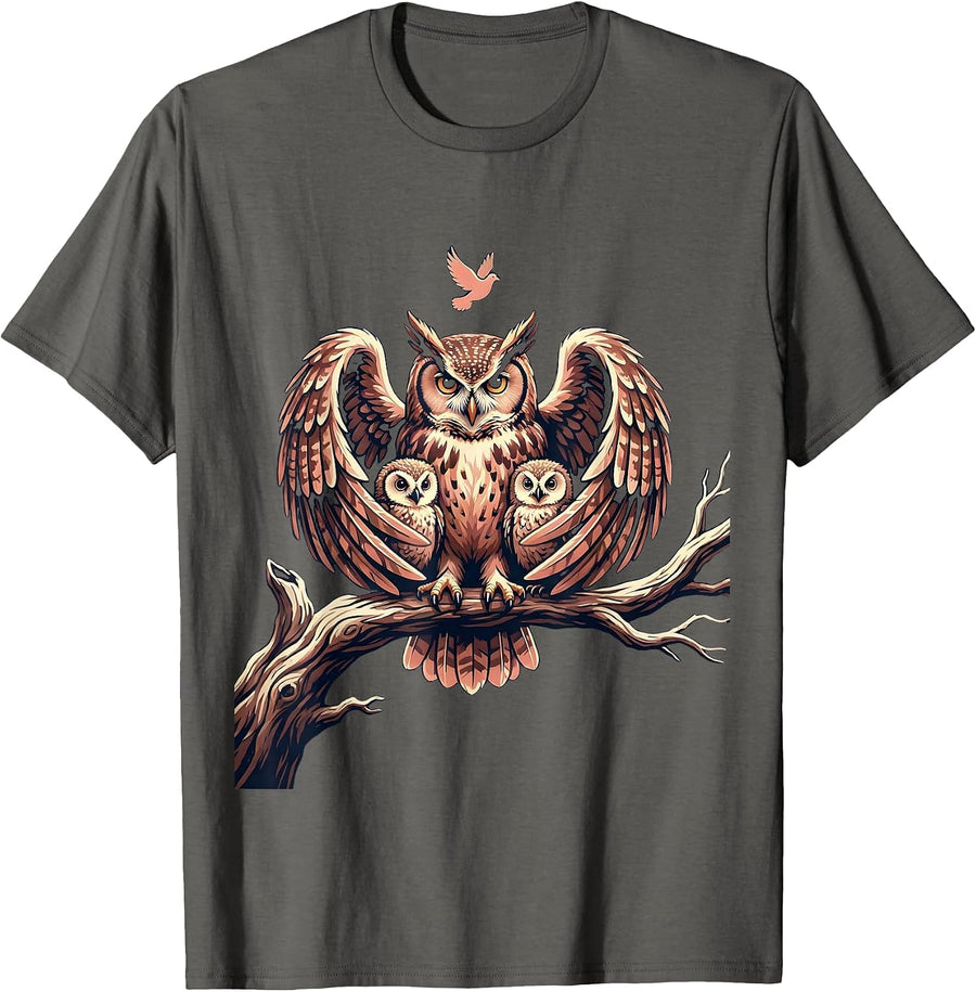 Mother Owl and Owlets Perched on Branch T-Shirt - Asphalt Grey