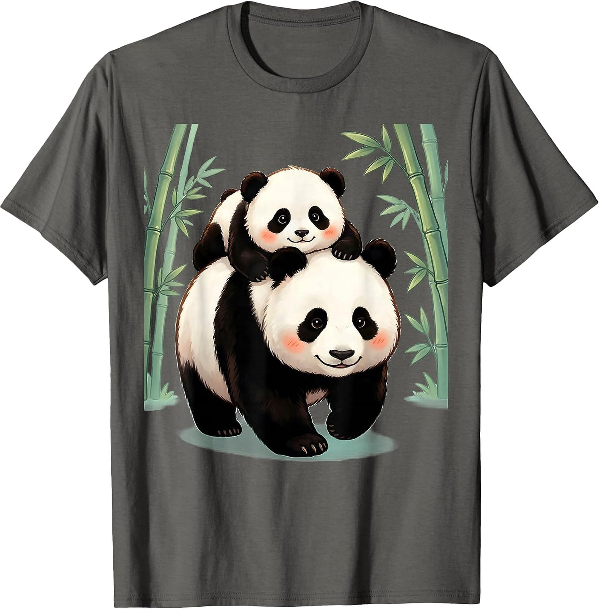 Men's Baby Panda Riding on Mother's Back Illustration T-Shirt - Asphalt Grey