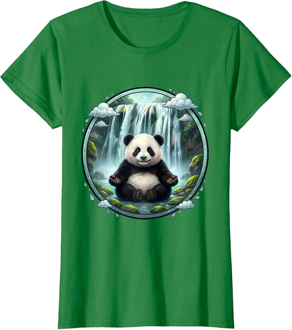 Panda Meditating Under Waterfall Graphic Tee T-Shirt - Kelly Green