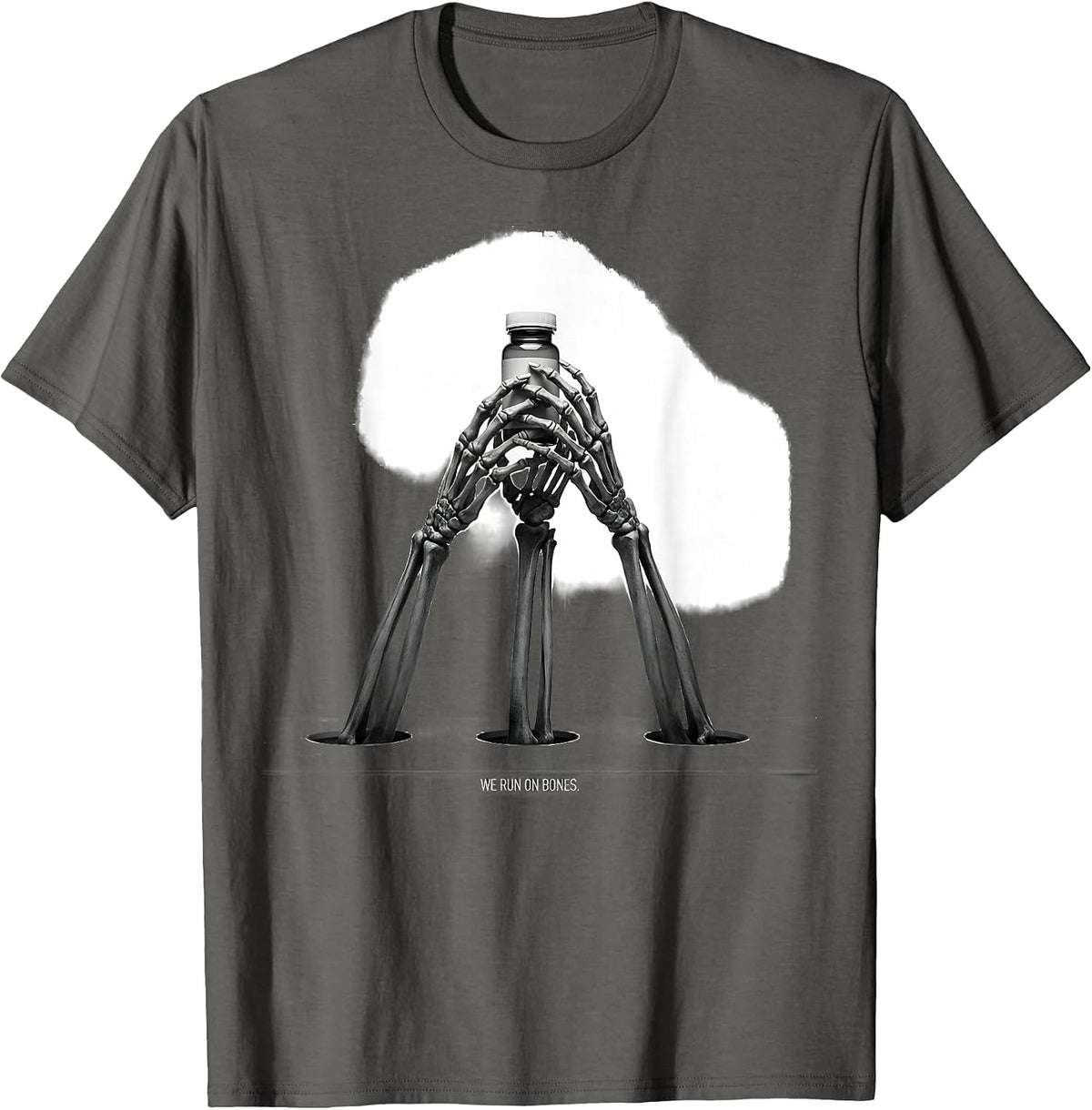 We Run On Bones Funny Pharmacy Tech Halloween Skeleton Humor T-Shirt - Asphalt Grey