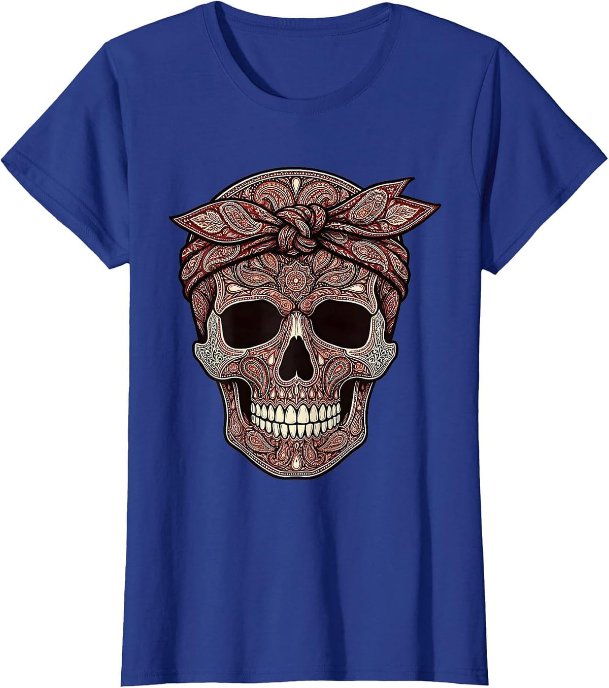 Women's Skull Knotted Bandana Headband Graphic T-Shirt - Royal Blue
