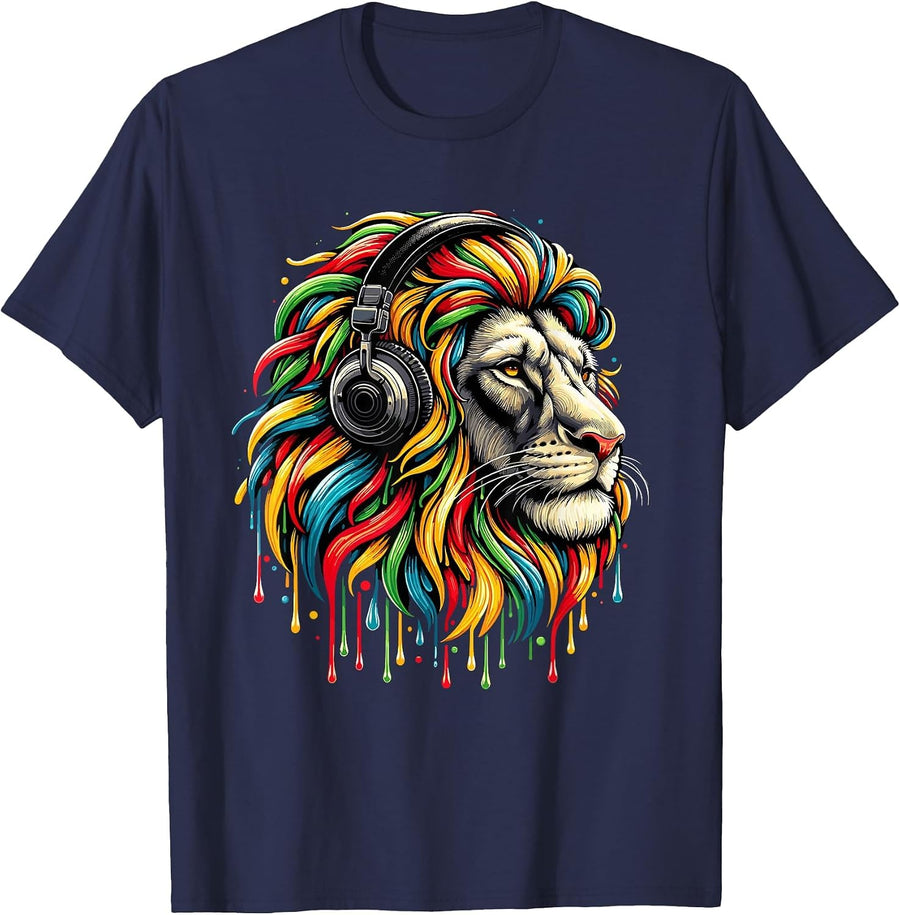 Rasta Reggae Headphones Music Jamaican Lion Judah T-Shirt - Navy Blue