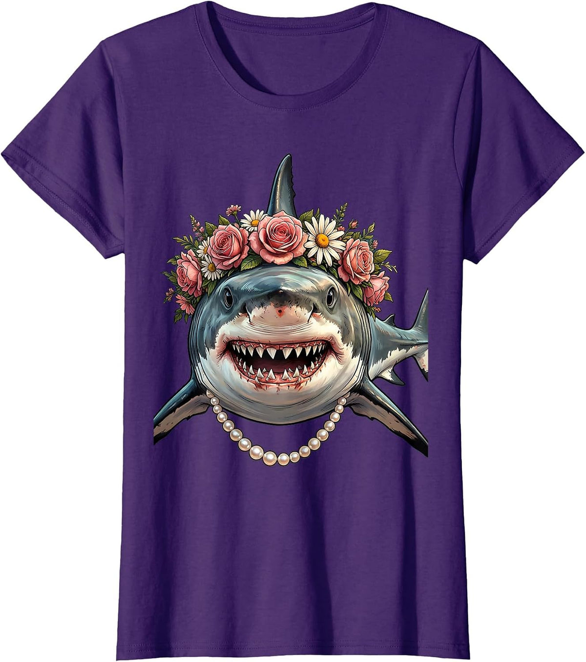 Mommy Shark Pearl Necklace Flower Crown Design T-Shirt - Purple