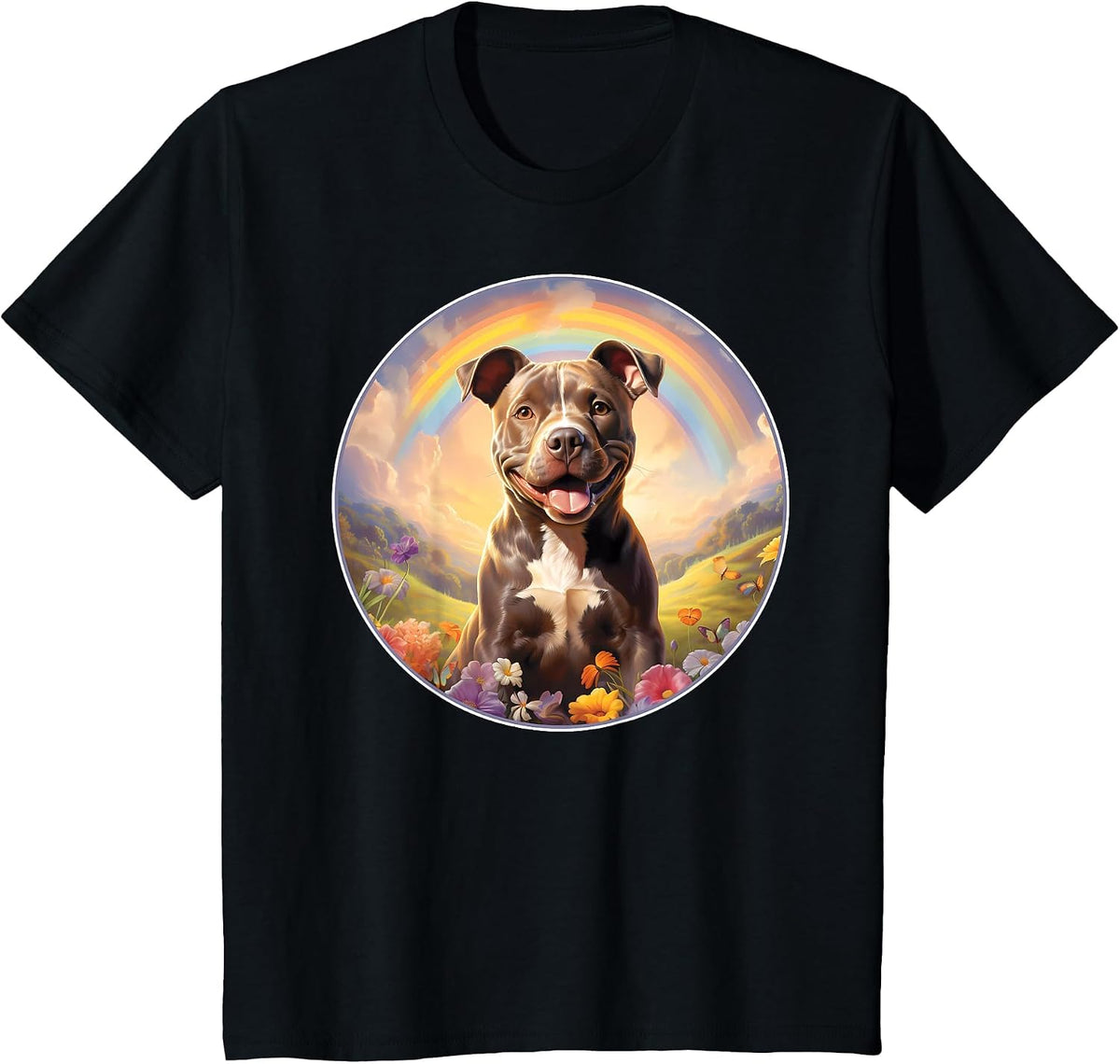 Pitbull Rainbow Bridge Memorial Colorful Dog Art T-Shirt - Black