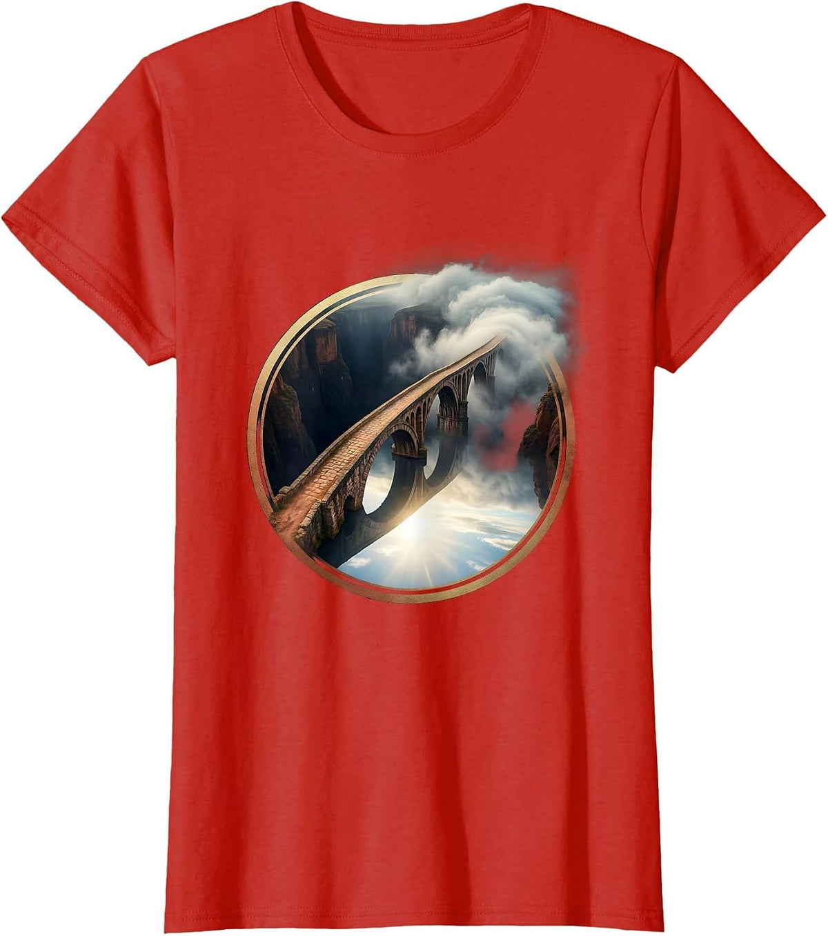 Bridge Over Dark Canyon Emerging From Fog T-Shirt - Red