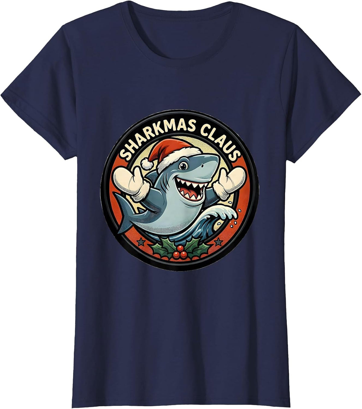 Women's Sharkmas Claus Retro Cartoon Shark Lover Christmas Humor T-Shirt - Navy Blue