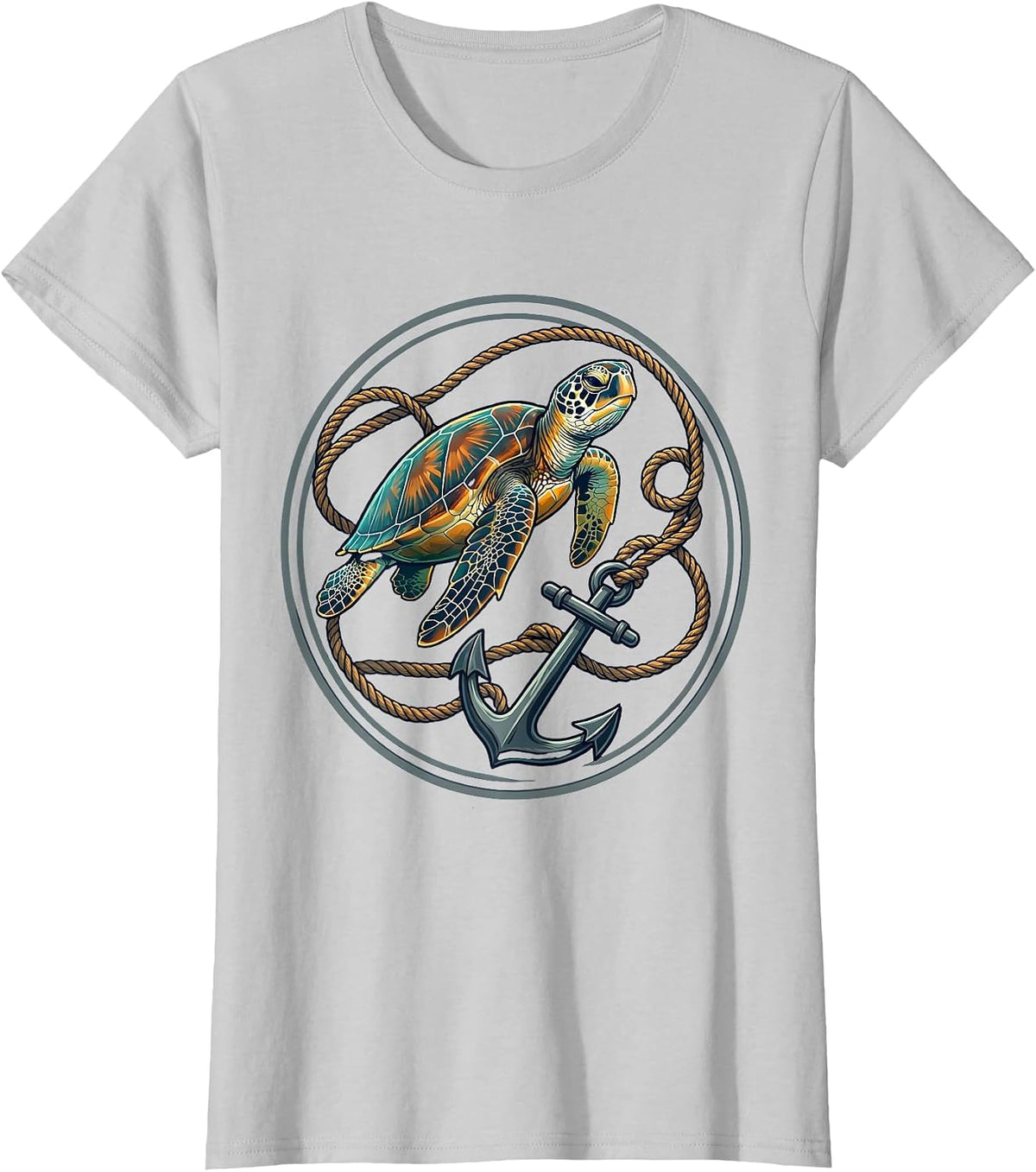 Sea Turtle Tangled in Anchor Rope Illustration T-Shirt - Silver Grey