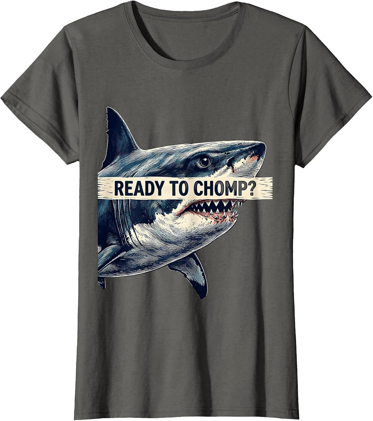 Women's Ready To Chomp Funny Shark Lover Ocean Humor Linocut T-Shirt - Asphalt Grey