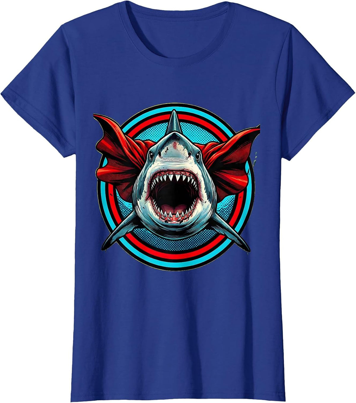 Women's Mommy Shark Superhero Cape Graphic Tee T-Shirt - Royal Blue
