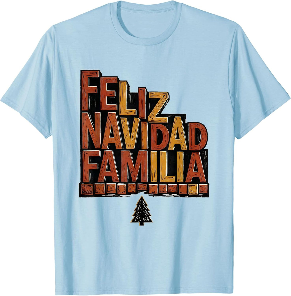 Men's Feliz Navidad Familia Linocut Spanish Christmas Family T-Shirt - Baby Blue