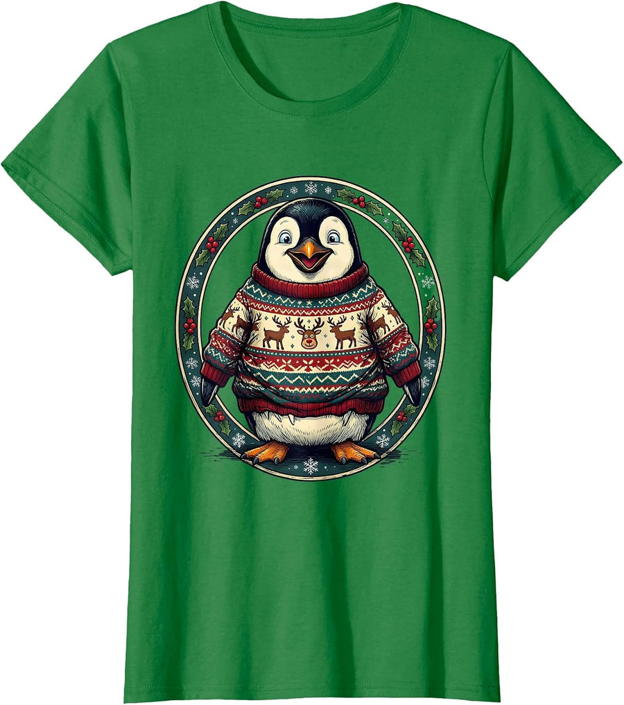 Women's Penguin Ugly Christmas Sweater Funny Holiday T-Shirt - Kelly Green