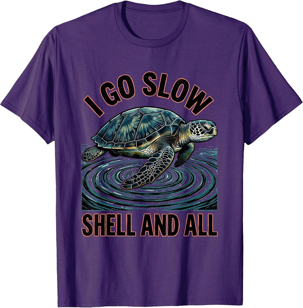 I Go Slow Shell And All Linocut Sea Turtle Ocean Lover Gift T-Shirt - Purple