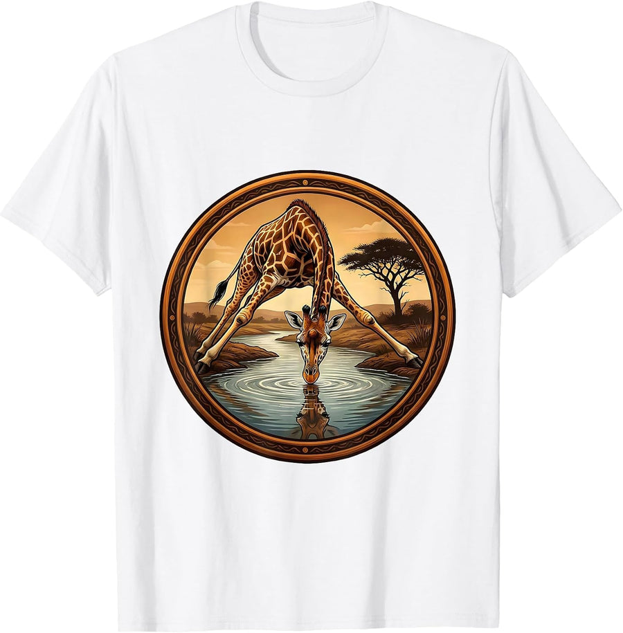 Men's Giraffe Bending Down to Drink From River T-Shirt - White