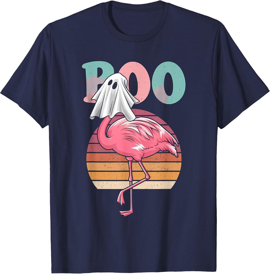 Flamingo Ghost Boo Pink Halloween Costume Flamingo Lover T-Shirt - Navy Blue