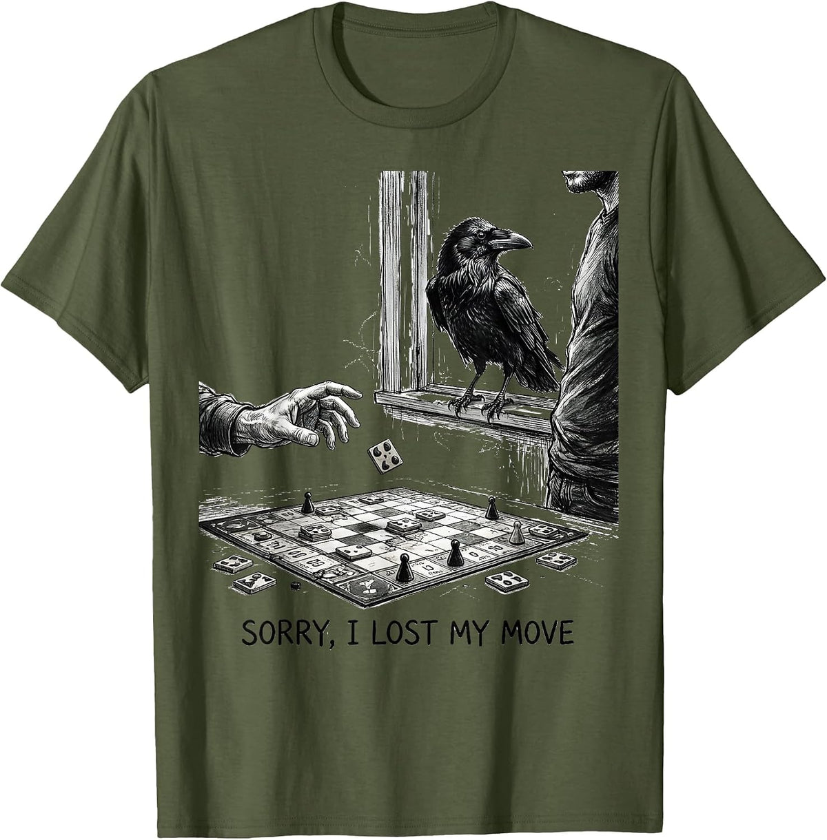 Men's Sorry I Lost My Move Funny Crow Bird Lover Dark Humor T-Shirt - Olive Green