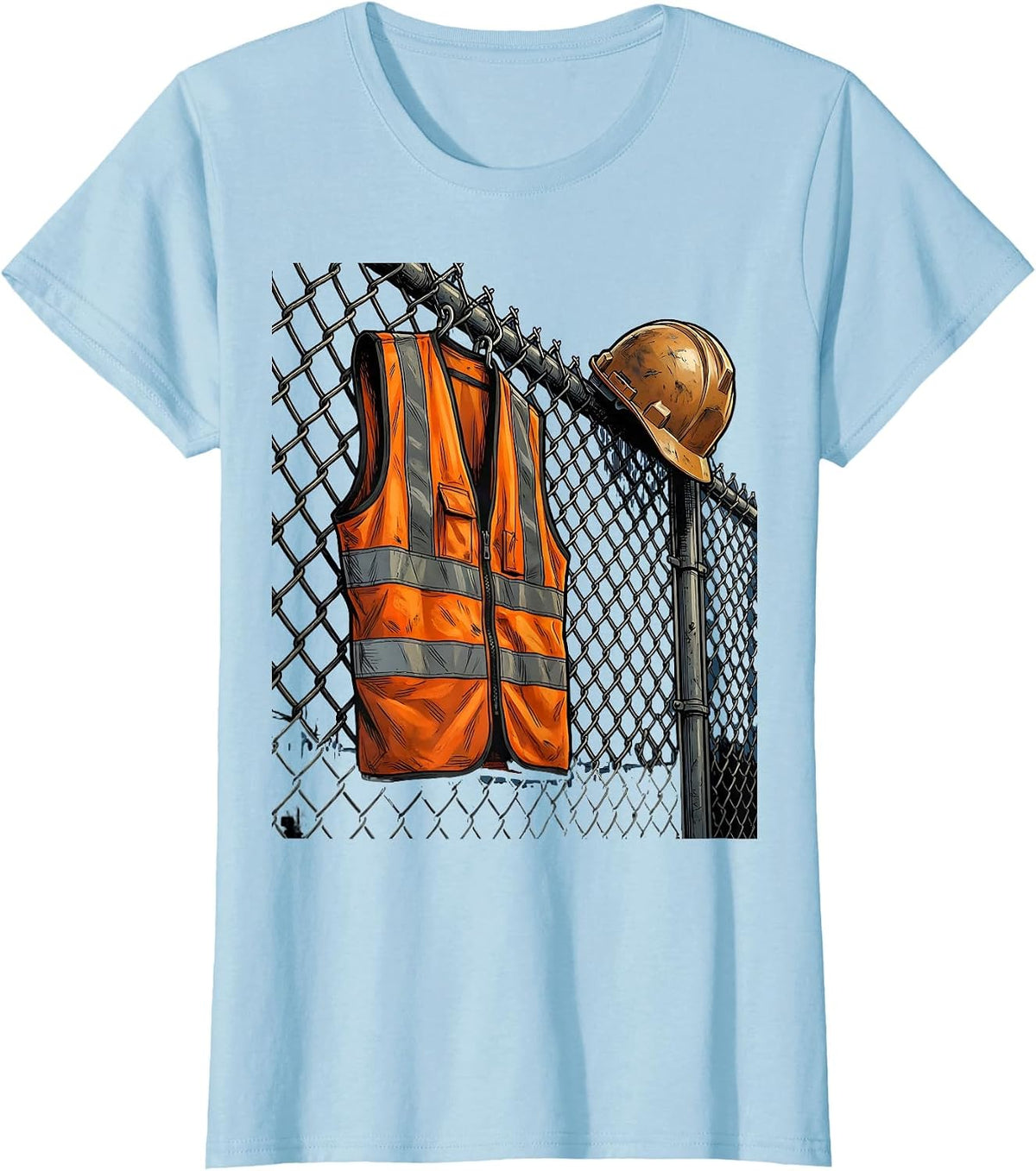 Safety Vest on Chain-Link Fence Blue Collar T-Shirt - Baby Blue