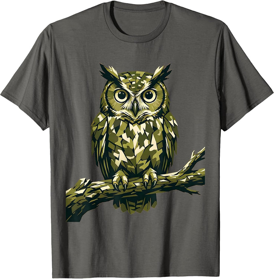 Camo Owl Perched on Branch Graphic Design T-Shirt - Asphalt Grey