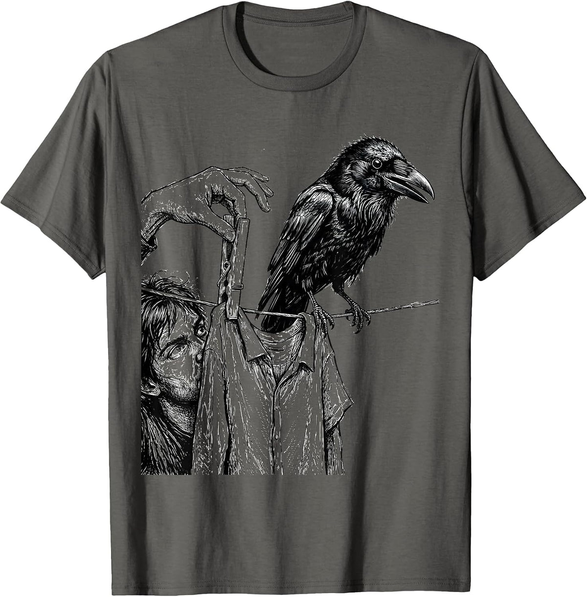 Frozen Crow Clothespin Dark Humor Bird Lover T-Shirt - Asphalt Grey