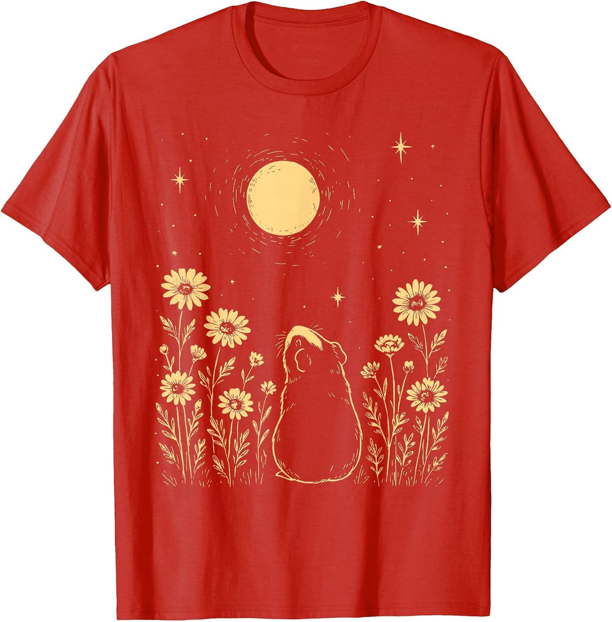 Floral Guinea Pig Moon Celestial Night Flower Animal Lover T-Shirt - Red
